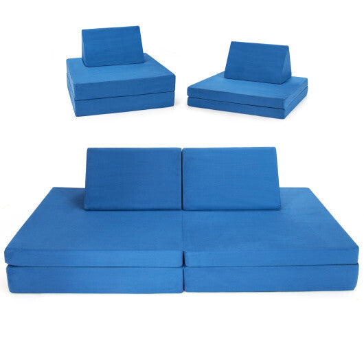 4-Piece Convertible Kids Couch Set with 2 Folding Mats-Blue