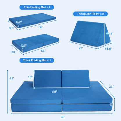 4-Piece Convertible Kids Couch Set with 2 Folding Mats-Blue