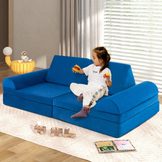 6 Pieces Convertible Kids Sofa Playset with Zipper-Blue - Color: Blue