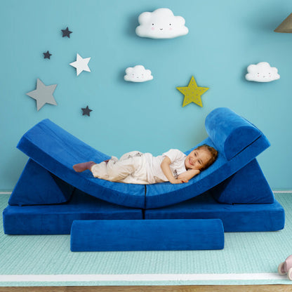 6 Pieces Convertible Kids Sofa Playset with Zipper-Blue - Color: Blue