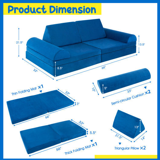 6 Pieces Convertible Kids Sofa Playset with Zipper-Blue - Color: Blue