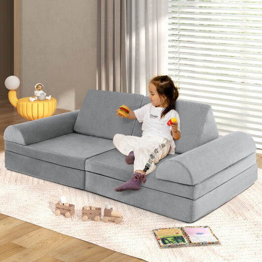 6 Pieces Convertible Kids Sofa Playset with Zipper-Gray - Color: Gray