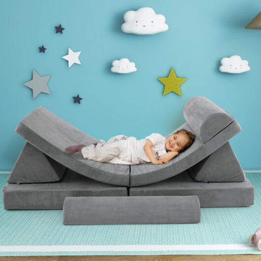 6 Pieces Convertible Kids Sofa Playset with Zipper-Gray - Color: Gray