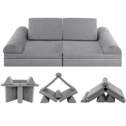 6 Pieces Convertible Kids Sofa Playset with Zipper-Gray - Color: Gray