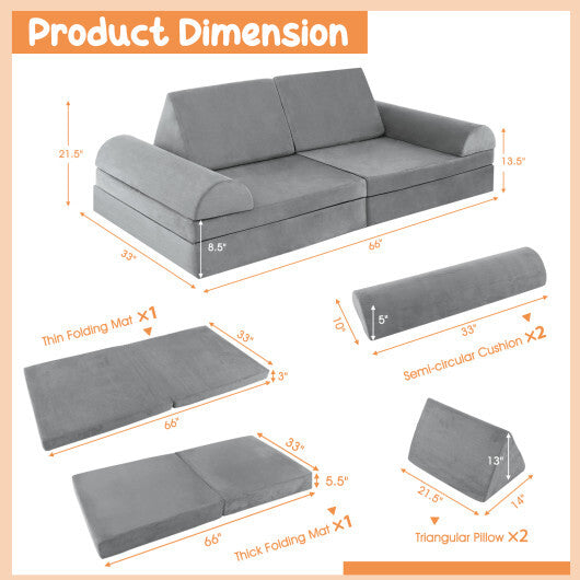 6 Pieces Convertible Kids Sofa Playset with Zipper-Gray - Color: Gray