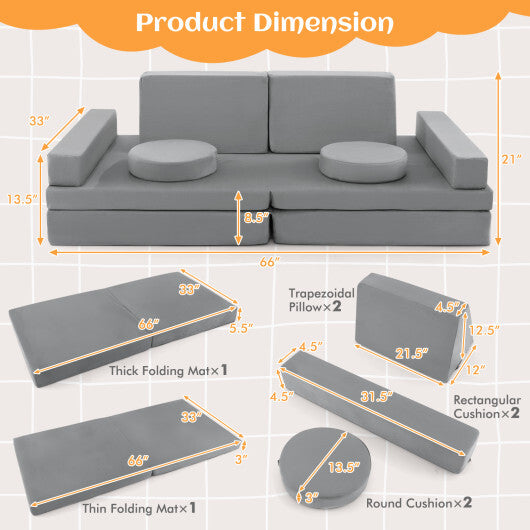 10-Piece Kids Play Couch Sofa with Portable Handle-Gray - Color: Gray