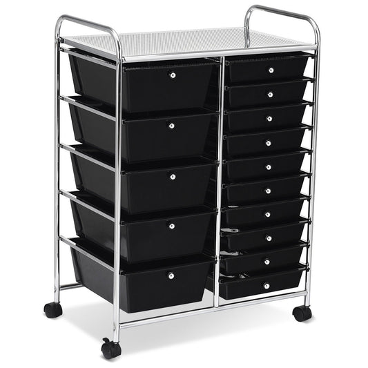 15-Drawer Utility Rolling Organizer Cart Multi-Use Storage-Black - Color: Black