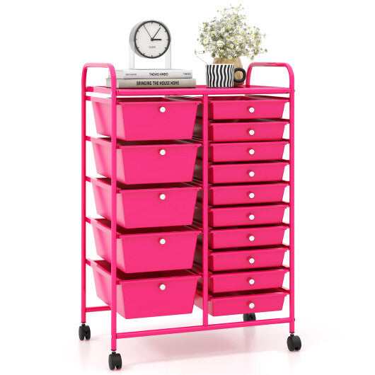 15-Drawer Utility Rolling Organizer Cart MultiUse Storage-Pink - Color: Pink