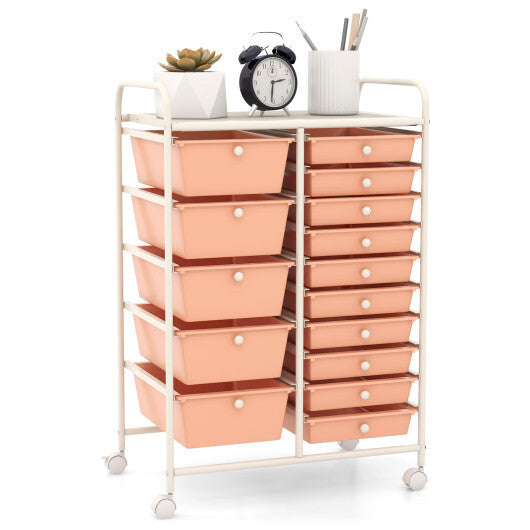 15-Drawer Utility Rolling Organizer Cart Multi-Use Storage-Peach - Color: Peach