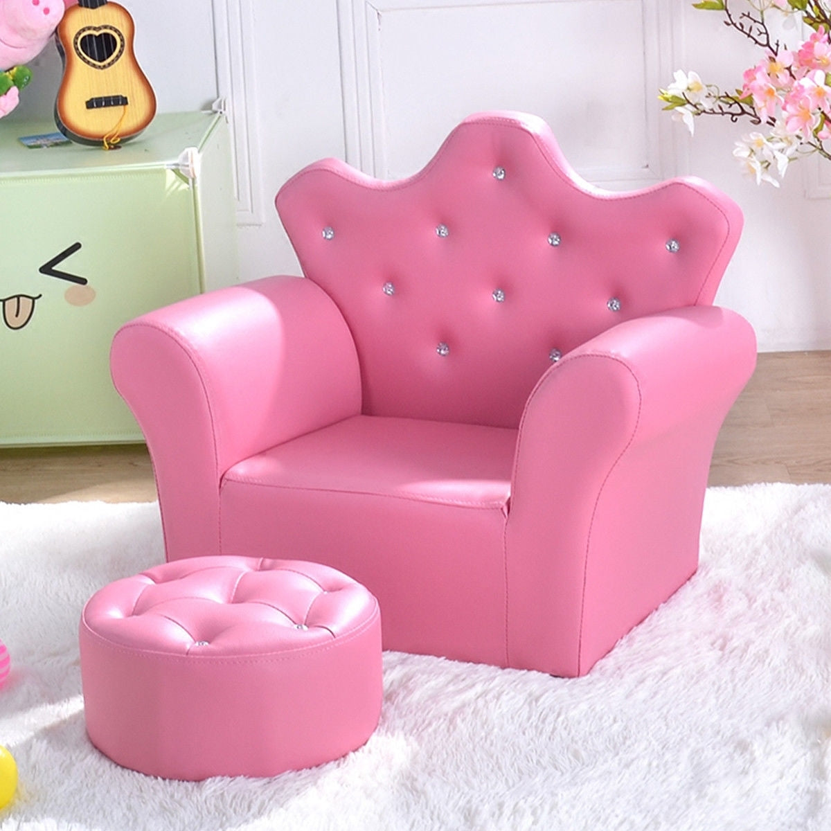 Pink Kids Sofa Armrest Couch with Ottoman-Pink - Color: Pink