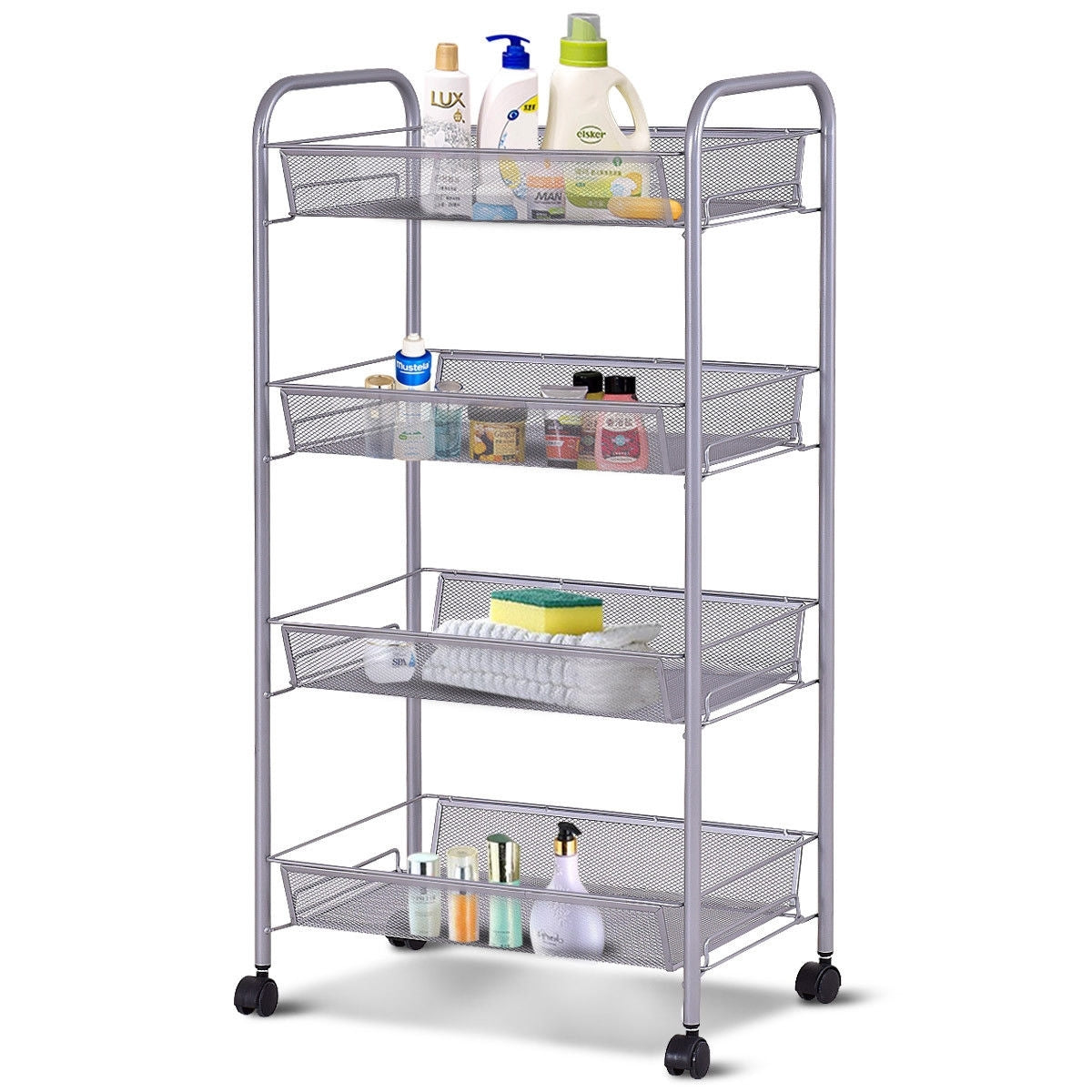 Black/Gray 4 Tier Storage Rack Trolley Cart-Black - Color: Black