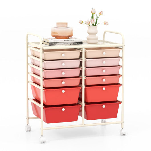 12-Drawer Rolling Storage Cart with Removable Drawers and Lockable Wheels-Pink - Color: Pink