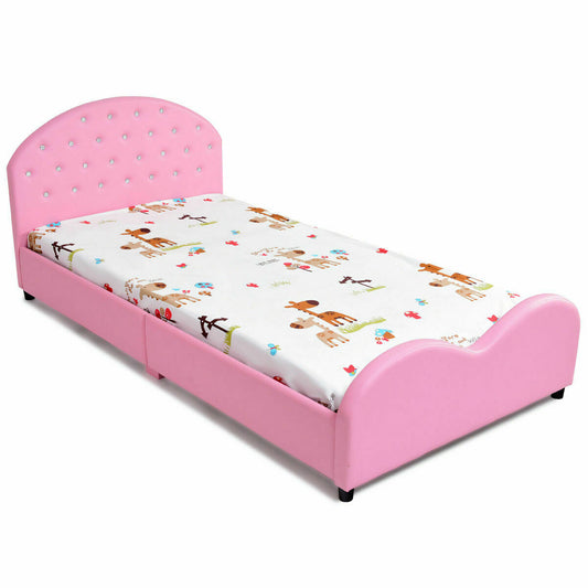 Twin Size Upholstered Platform Toddler Bed with Wood Slat Support - Color: Pink - Size: Twin Size