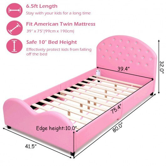 Twin Size Upholstered Platform Toddler Bed with Wood Slat Support