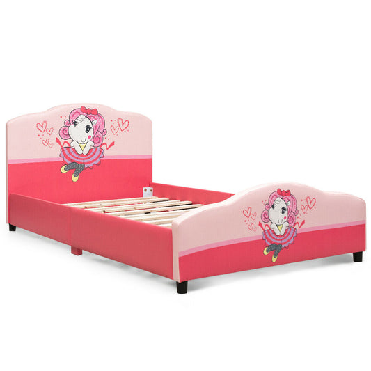 Kids Children Upholstered Platform Toddler Girl Pattern Bed - Color: Pink - Size: Twin Size