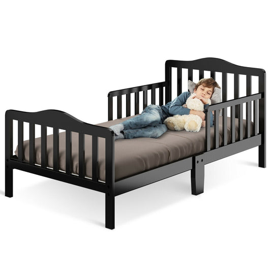 Classic Design Kids Wood Toddler Bed Frame with Two Side Safety Guardrails-Black - Color: Black