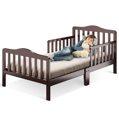 Classic Design Kids Wood Toddler Bed Frame with Two Side Safety Guardrails-Brown - Color: Brown