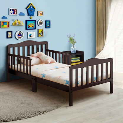 Classic Design Kids Wood Toddler Bed Frame with Two Side Safety Guardrails-Brown - Color: Brown