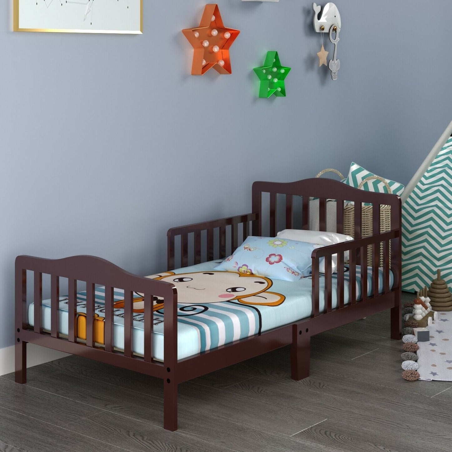 Classic Design Kids Wood Toddler Bed Frame with Two Side Safety Guardrails-Brown - Color: Brown