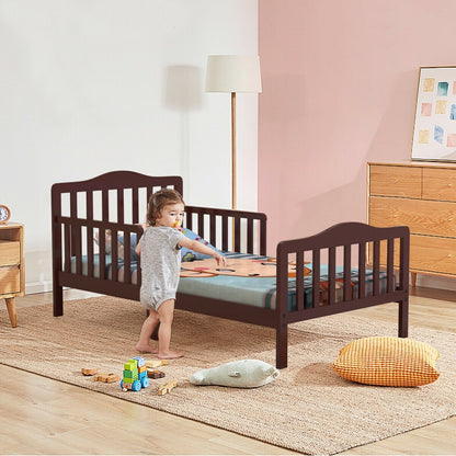 Classic Design Kids Wood Toddler Bed Frame with Two Side Safety Guardrails-Brown - Color: Brown