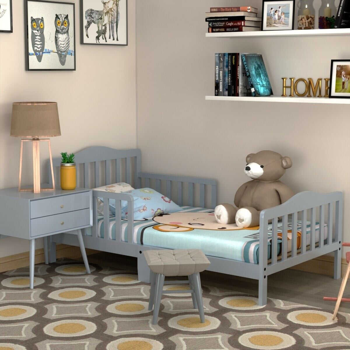 Classic Design Kids Wood Toddler Bed Frame with Two Side Safety Guardrailss-Gray - Color: Gray