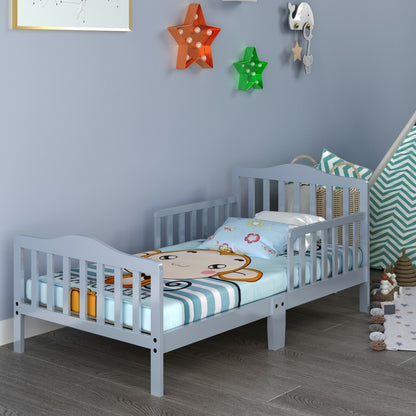 Classic Design Kids Wood Toddler Bed Frame with Two Side Safety Guardrailss-Gray - Color: Gray