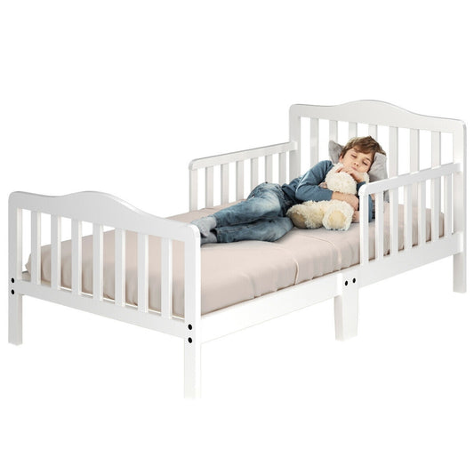 Classic Design Kids Wood Toddler Bed Frame with Two Side Safety Guardrails-White - Color: White