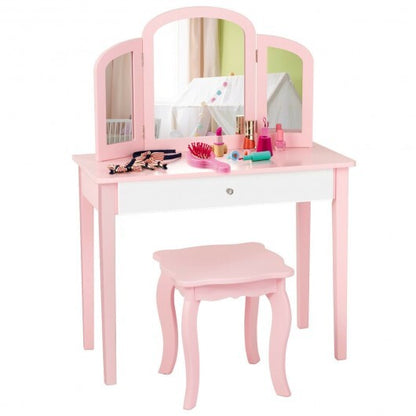 Kids Princess Make Up Dressing Table with Tri-folding Mirror and Chair-Pink