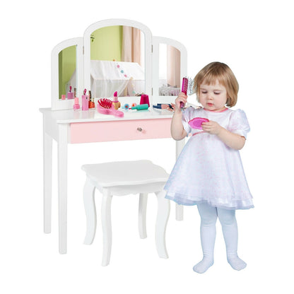 Kids Princess Make Up Dressing Table with Tri-folding Mirror and Chair-White - Color: White