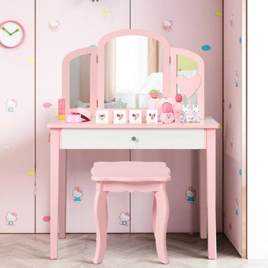 Kids Princess Make Up Dressing Table with Tri-folding Mirror and Chair-Pink