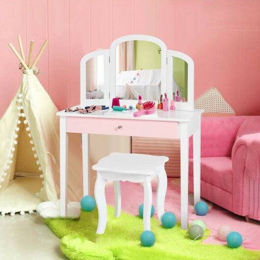 Kids Princess Make Up Dressing Table with Tri-folding Mirror and Chair-Pink