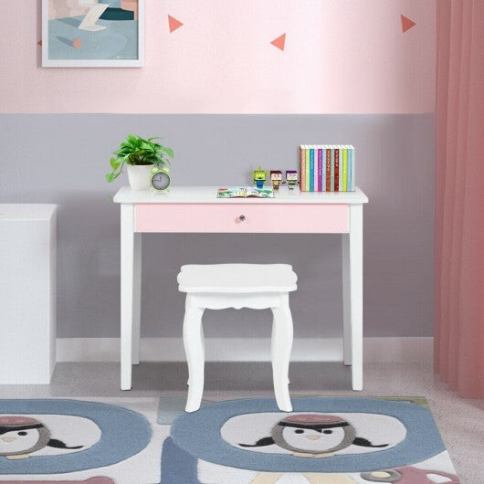 Kids Princess Make Up Dressing Table with Tri-folding Mirror and Chair-Pink