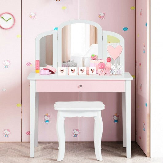 Kids Princess Make Up Dressing Table with Tri-folding Mirror and Chair-Pink