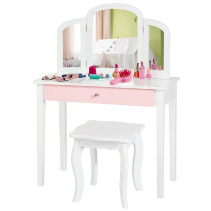 Kids Princess Make Up Dressing Table with Tri-folding Mirror and Chair-Pink