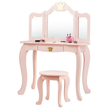 Kids Makeup Dressing Table with Tri-folding Mirror and Stool-Pink