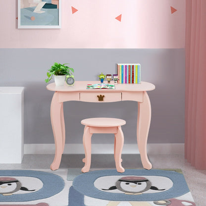 Kids Makeup Dressing Table with Tri-folding Mirror and Stool-Pink - Color: Pink