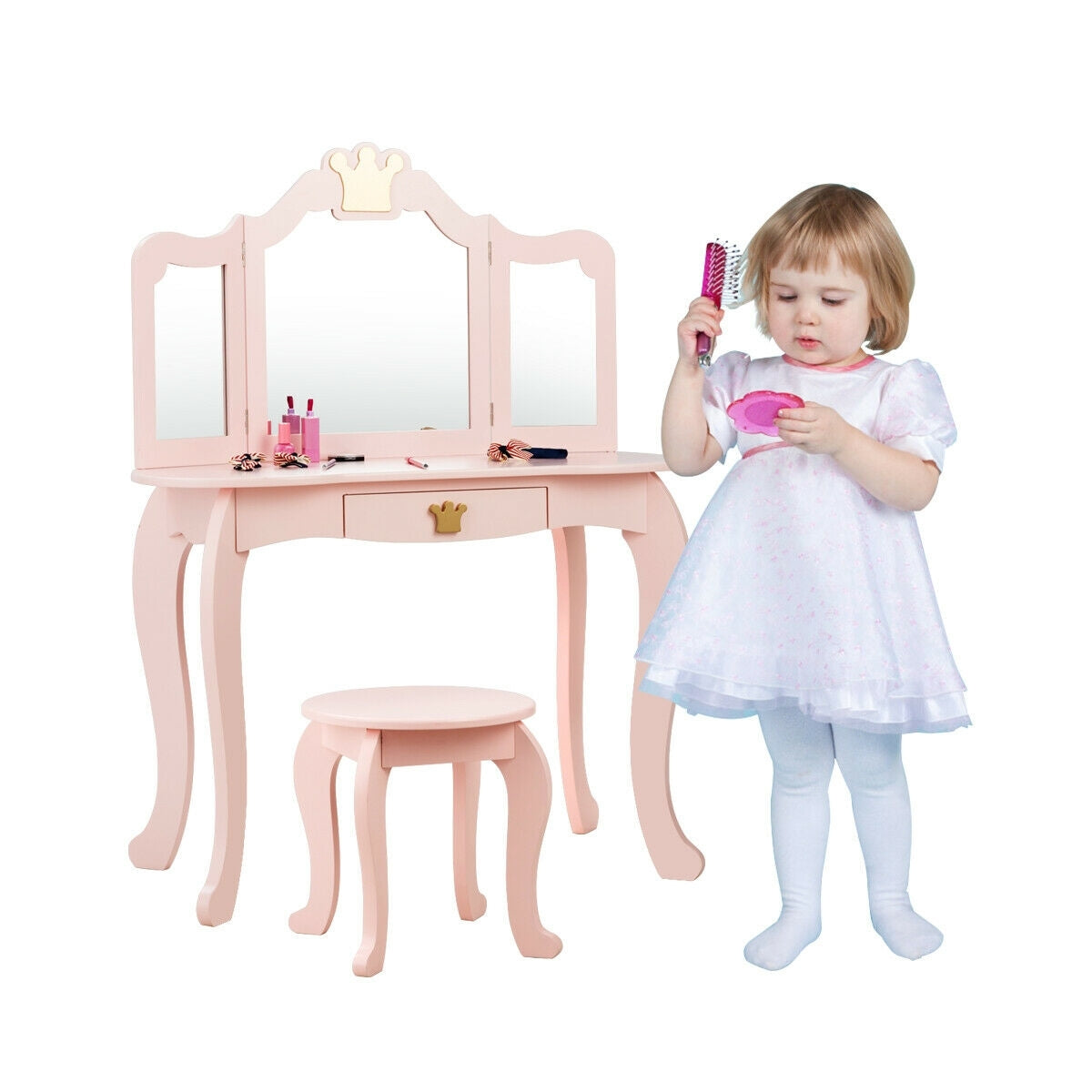 Kids Makeup Dressing Table with Tri-folding Mirror and Stool-Pink - Color: Pink