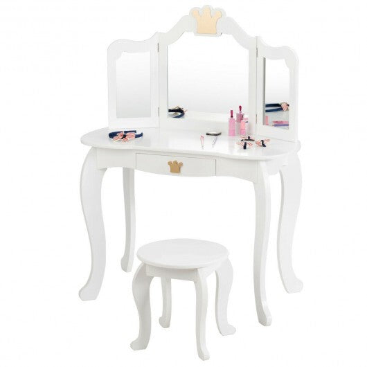 Kids Makeup Dressing Table with Tri-folding Mirror and Stool-Pink