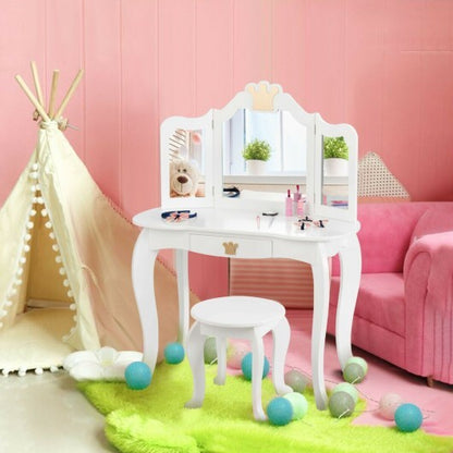 Kids Makeup Dressing Table with Tri-folding Mirror and Stool-Pink