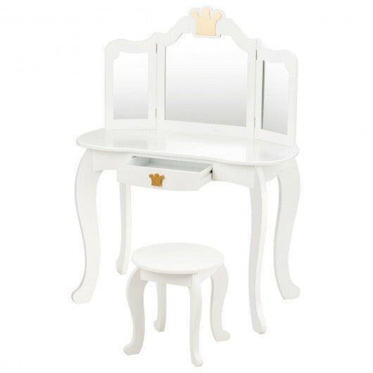 Kids Makeup Dressing Table with Tri-folding Mirror and Stool-Pink