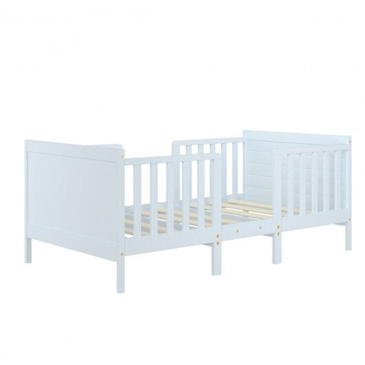 2-in-1 Convertible Kids Wooden Bedroom Furniture with Guardrails-White - Color: White