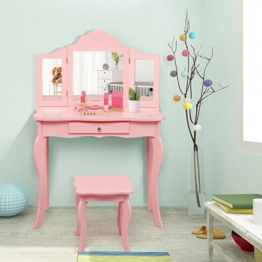 Kids Makeup Dressing Mirror Vanity Table Stool Set