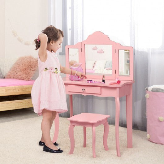 Kids Makeup Dressing Mirror Vanity Table Stool Set