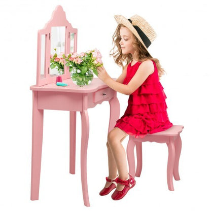 Kids Makeup Dressing Mirror Vanity Table Stool Set