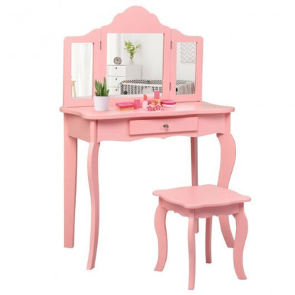 Kids Makeup Dressing Mirror Vanity Table Stool Set