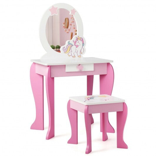 Kids Wooden Makeup Dressing Table and Chair Set with Mirror and Drawer-Pink