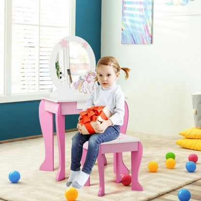 Kids Wooden Makeup Dressing Table and Chair Set with Mirror and Drawer-Pink