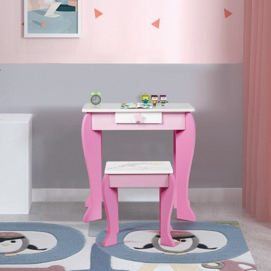 Kids Wooden Makeup Dressing Table and Chair Set with Mirror and Drawer-Pink