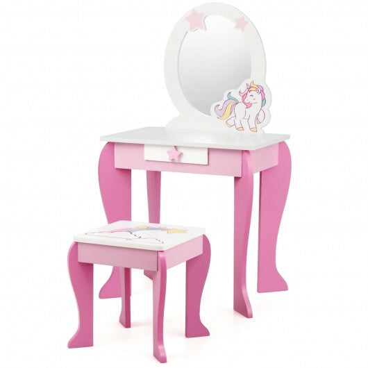 Kids Wooden Makeup Dressing Table and Chair Set with Mirror and Drawer-Pink