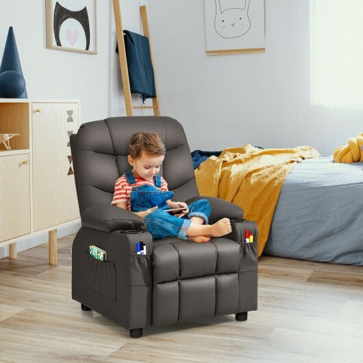 Kids Recliner Chair with Cup Holder and Footrest for Children-Brown - Color: Brown